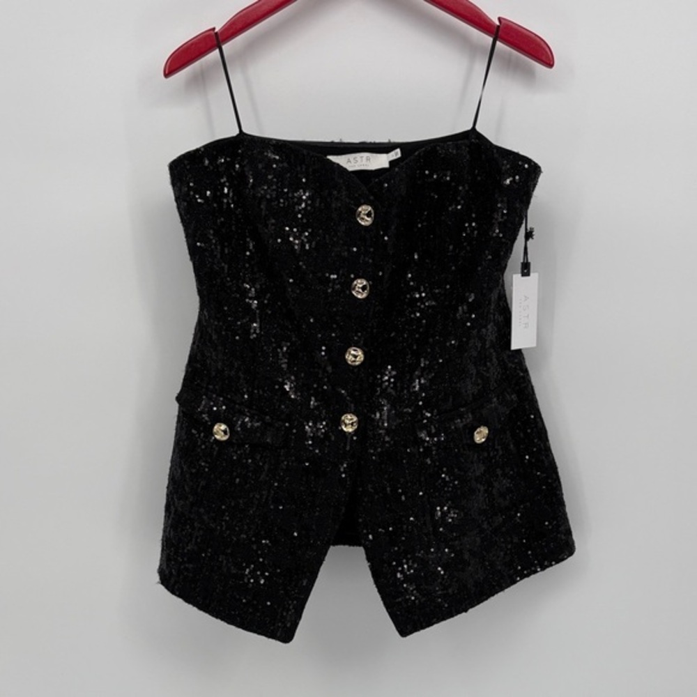🧲 nwt Astr Milano Black Sequin button front strapless Top